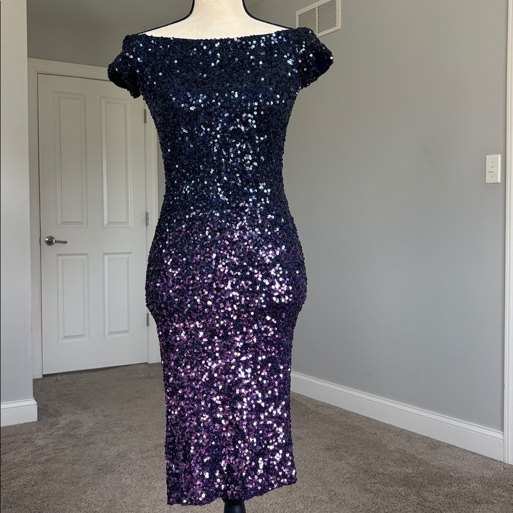 Sequin Off-Shoulder Dress in Navy Blue and Purple (Dry-Cleaned)